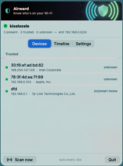 Airward app — live device list